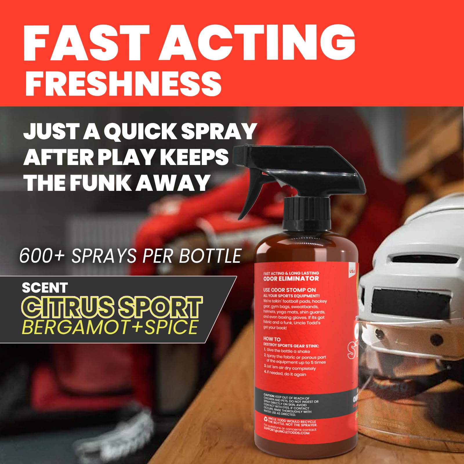 Uncle Todd’s Odor Stomp Sports Equipment Odor Eliminator Spray - Extra Strength Enzyme-Powered Deodorizer for Football, Hockey, Gym Bags, and Athletic Gear - Bamboo Blitz Scent - 16 oz