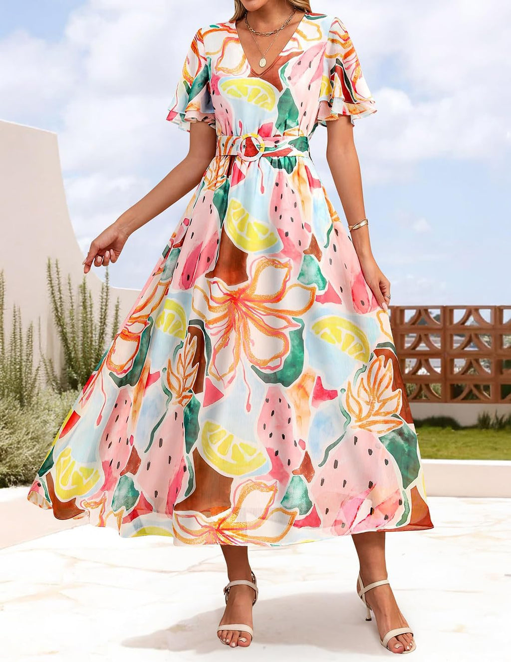 ZESICA Women's 2026 Summer Floral V Neck Midi Dress Boho Short Sleeve High Waist Flowy Beach Vacation Dresses with Belt