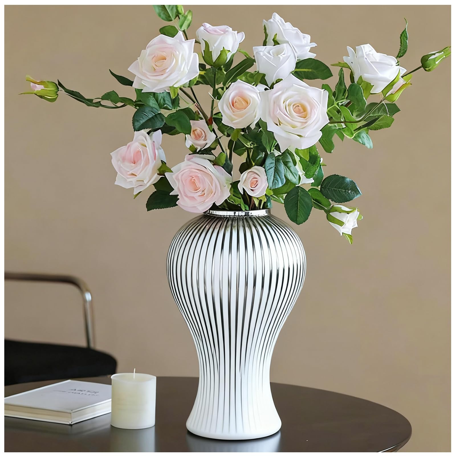 Ginger Jar, White Gold Ceramic Vase Large Handmade Porcelain Vases with Lid, White Gold Decorative Flower Vase for Home, Living Room, Weddings, Centerpieces (18in with Lid)