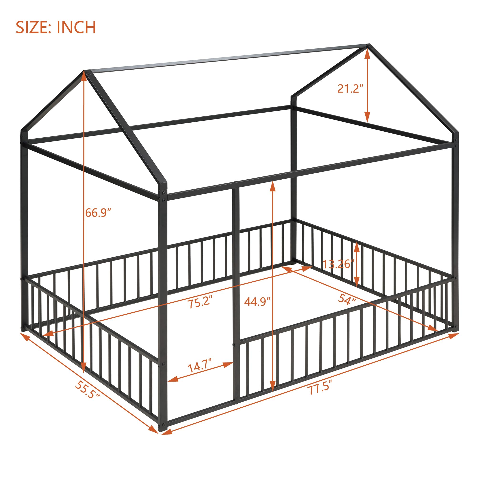 Bellemave Twin Size Montessori Floor Bed, Metal House Bed Framefor Kids, Montessori Floor Beds with Fence, Playhouse for Kids,Black
