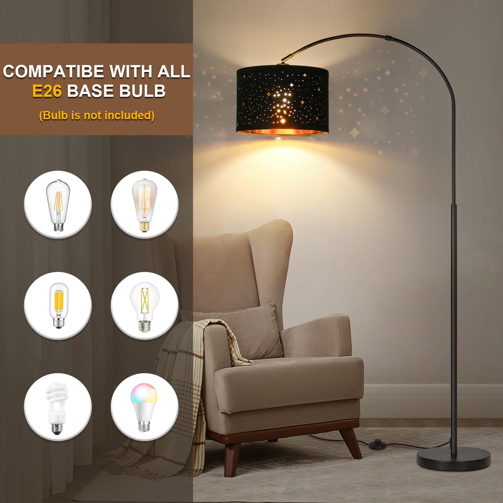 Rattan Floor Lamp, Arc Floor Lamps for Living Room, Farmhouse Standing Lamp with Adjustable Hanging Fabric Shade, Tall Pole Lamp with Foot Switch, Over Couch Arched Reading Light for Bedroom, Office