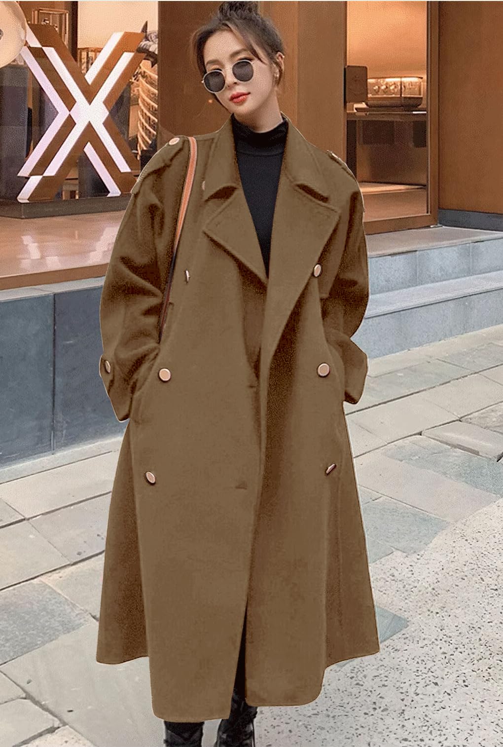 chouyatou Women's Winter Double Breasted Midi Long Wool Pea Coat Notch Lapel Winter Trench Coat