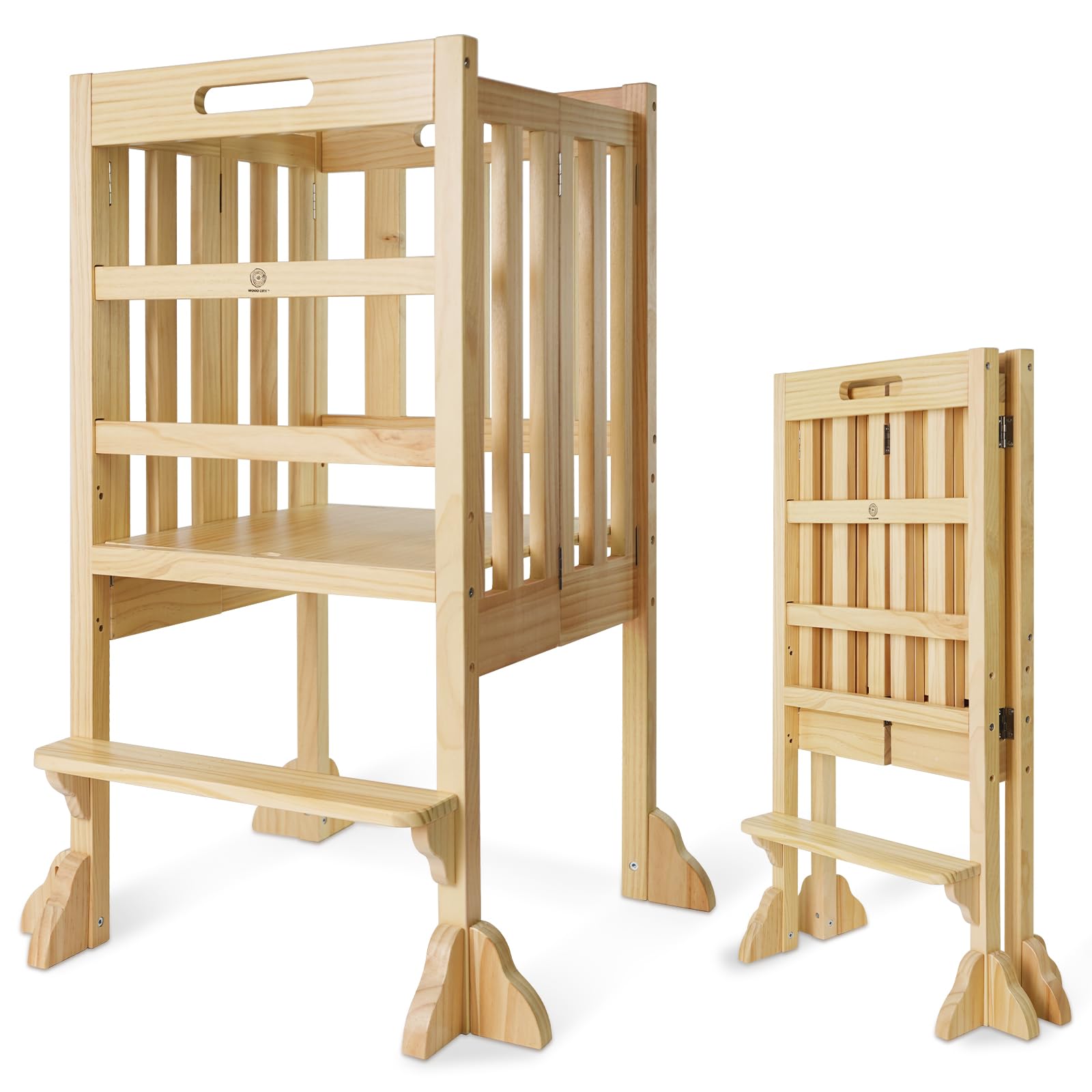 Foldable Toddler Learning Standing Tower, WOOD CITY Montessori Kitchen Step Stool Ideal Helper with 3 Adjustable Heights for Learning New Skills(Natural)