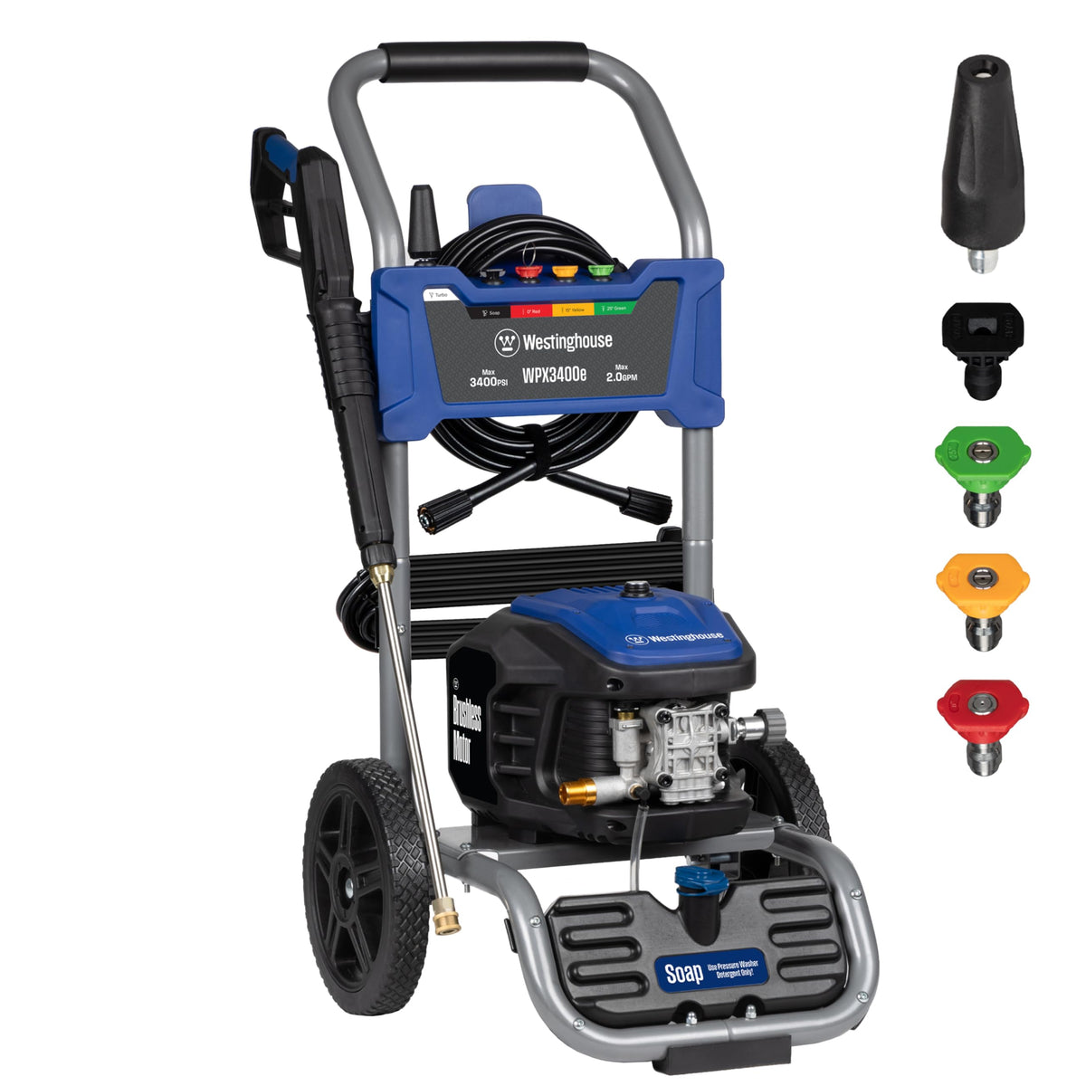 Westinghouse WPX2300e Electric Pressure Washer, 2300 Max PSI and 1.76 Max GPM, Induction Motor, Onboard Soap Tank, Spray Gun and Wand, 5 Nozzle Set, for Cars/Fences/Driveways/Homes/Patios/Furniture