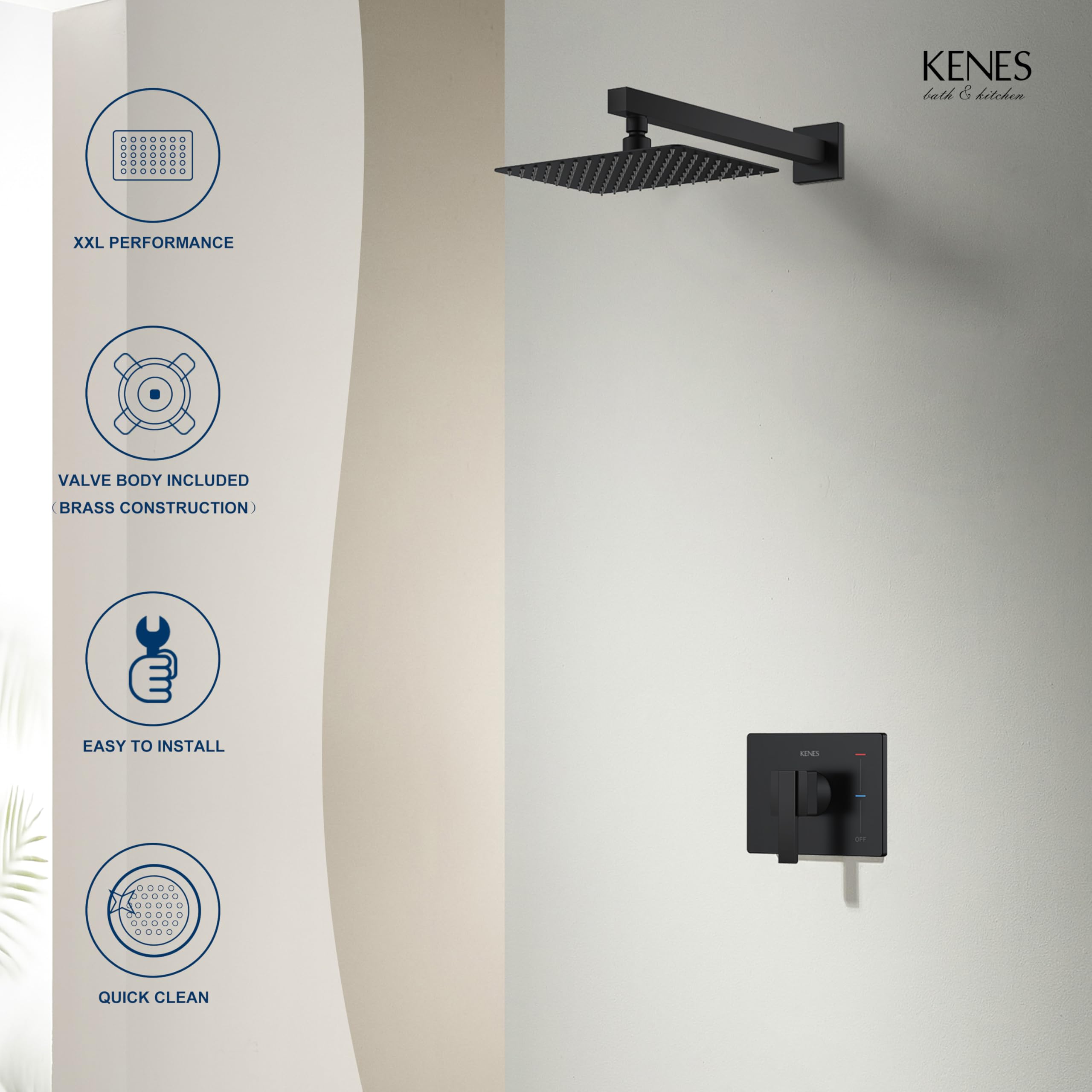 KENES Brushed Nickel 10-Inch Shower Head and Handle Set, Square Shower Faucet Set Bathroom Rainfall Shower System Wall Mount, KE-6024B (Shower Valve Included)