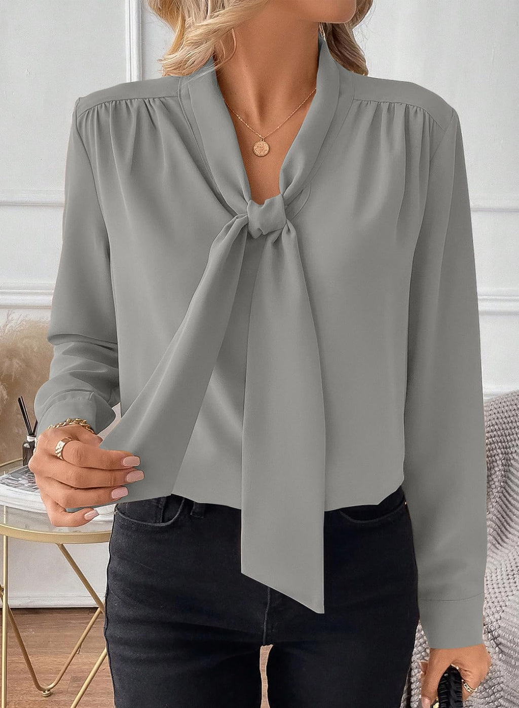 Astylish Women's Bow Tie Neck Tops 2026 Long Sleeve Dressy Loose Casual Elegant Business Work Blouses Shirts