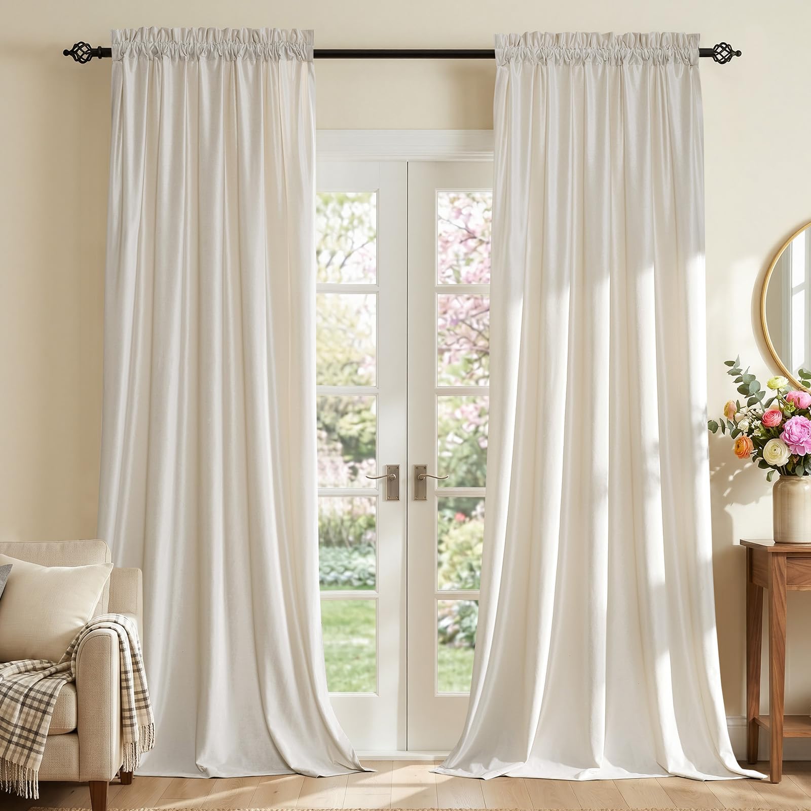 Champagne Beige Velvet Curtains 63 inches for Living Room Luxury Room Darkening Curtain Elegant Bedroom Thermal Insulated Modern Heavy Thick Soft Soundproof Rod Pocket Window Drapes Set of 2 Panels