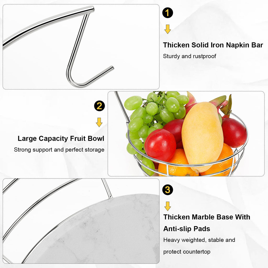 Livabber Countertop Fruit Basket Bowl with Banana Hanger, Modern Standing Fruit Vegetable Bowl Storage, with Banana Tree Holder for Kitchen Dinning Table (Round Marble, Black)