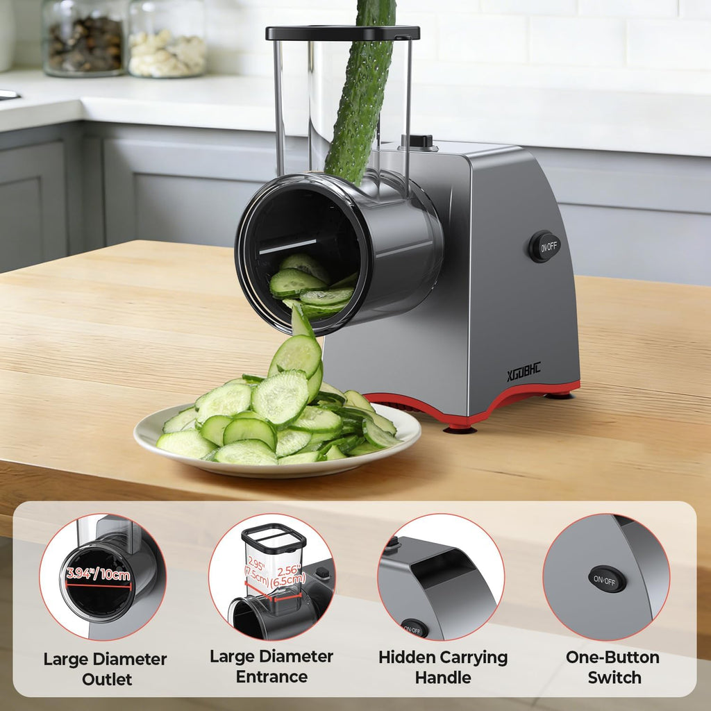 Electric Cheese Grater, Salad Maker with 5 Replaceable Multi-use Blades, 250W Electric Cheese Shredder, One-Touch Kitchen Slicer Salad Machine for Vegetables, Fruits, Cheeses, Nuts