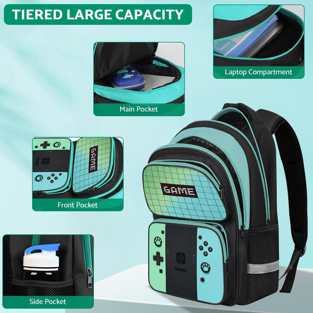 Kids Backpack For Boys，Gamer Boys Backpack For Children Teens Elementary Middle School, 17″ Students Bookbag