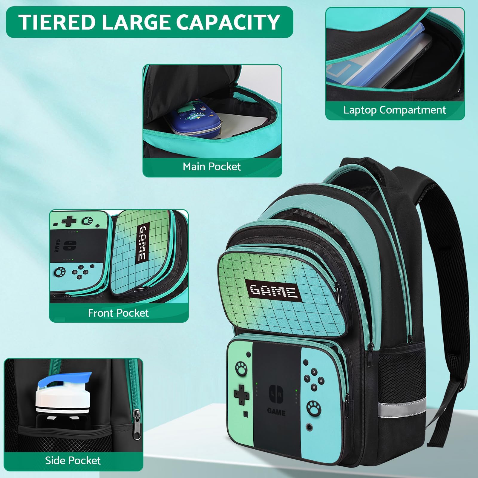 Kids Backpack For Boys，Gamer Boys Backpack For Children Teens Elementary Middle School, 17″ Students Bookbag