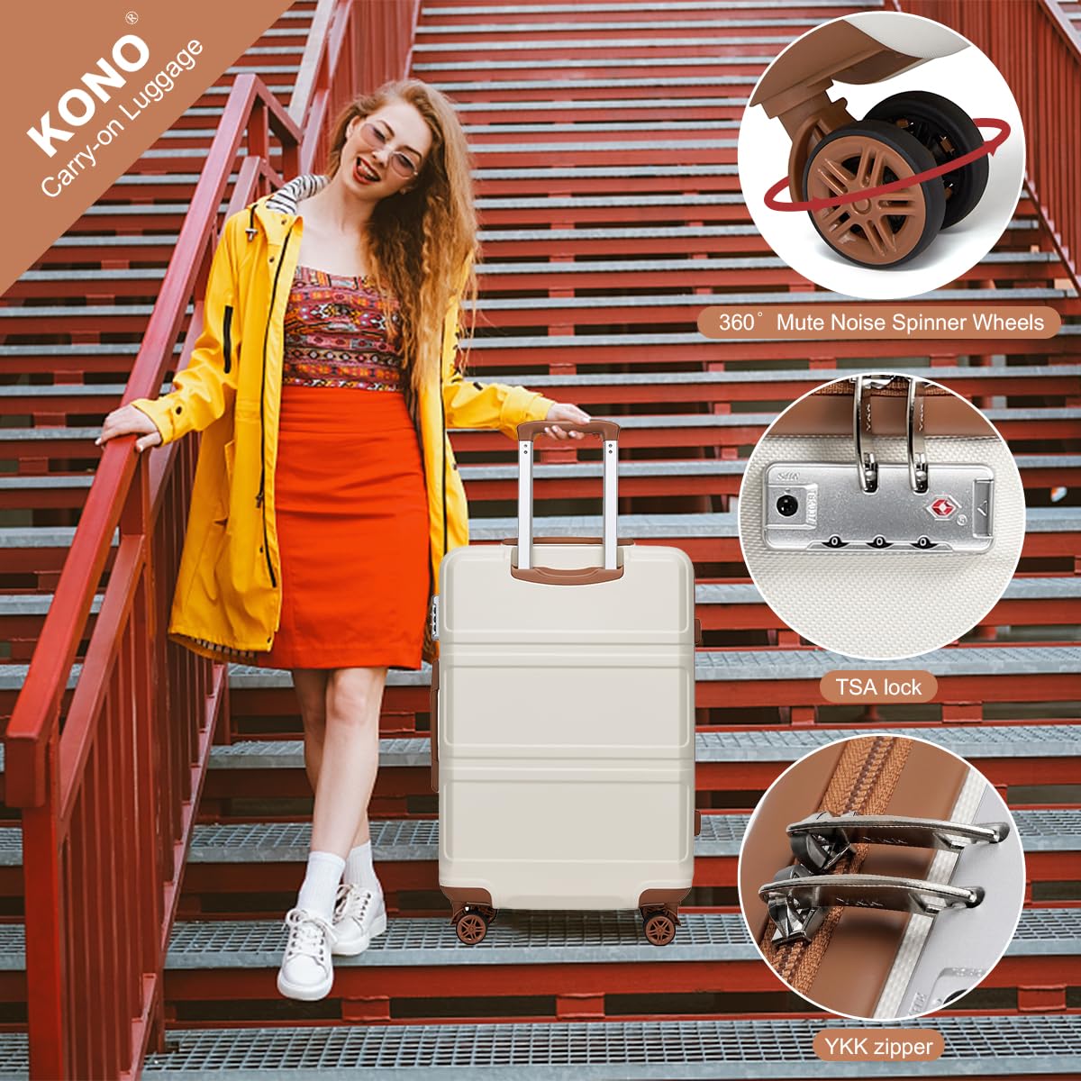 Kono Carry On Luggage Set Airline Approved Lightweight PC+ABS Carry On Suitcase with TSA Lock Spinner Wheels Durable Luggage Hardside Apricot Blue