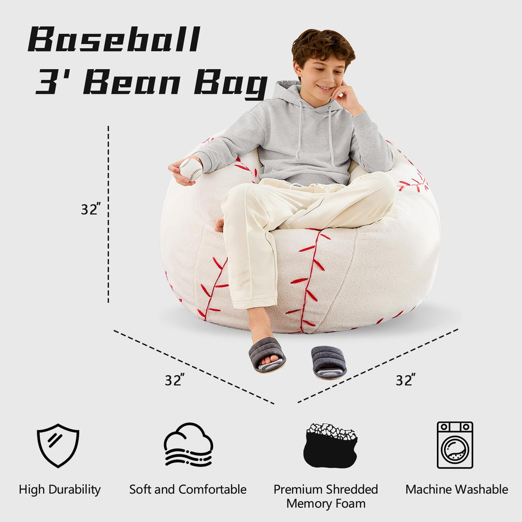 Sports Baseball Bean Bag Chair - Luxurious Bean Bag Chairs for Kids Teens Adults - Floor Sofa Couch with Filler - Plush BeanBag Furniture for Living Room Bedroom College Dorm - 32 Inch