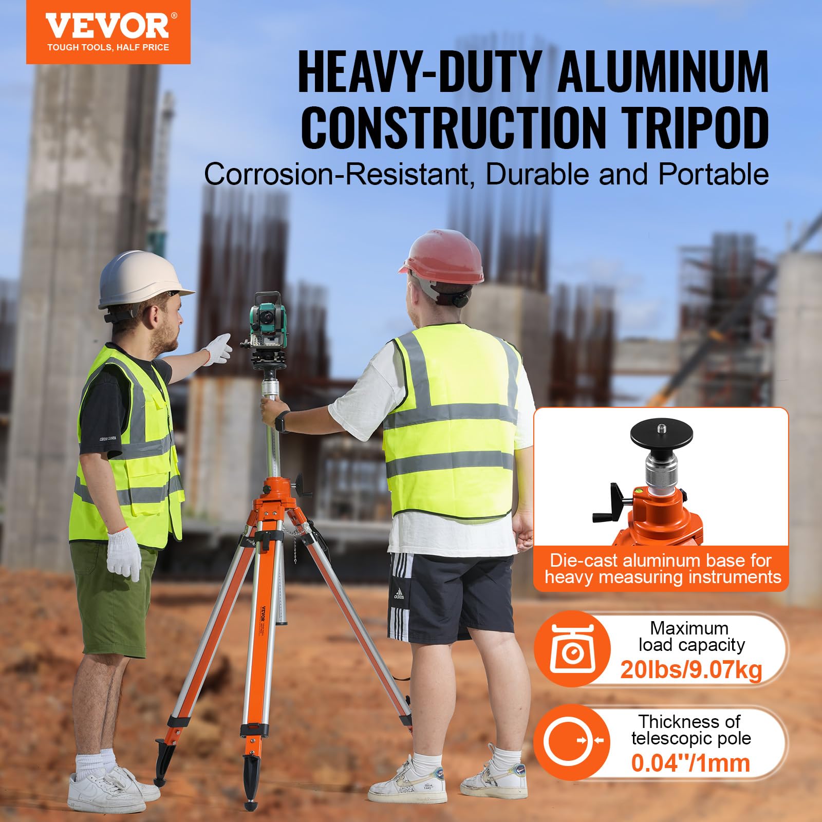 VEVOR Laser Level Tripod Stand, 5/8"-11 Thread Mount, 16.53-65.55 inch Height Adjustment Heavy Duty Survey Tripod for Construction Laser Level Scanner, Retractable Legs Non-Skid Feet Professional