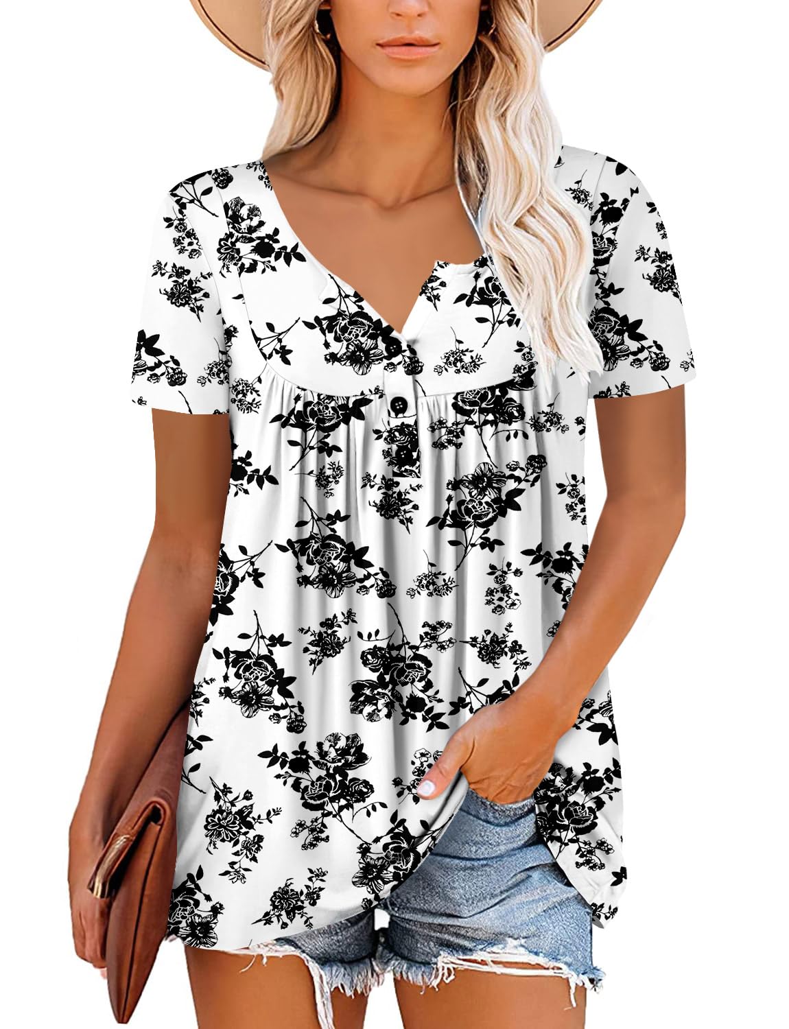 Mystry Zone Womens Henley V Neck Casual Blouse Button Down T Shirts Flare and Flowy Tops