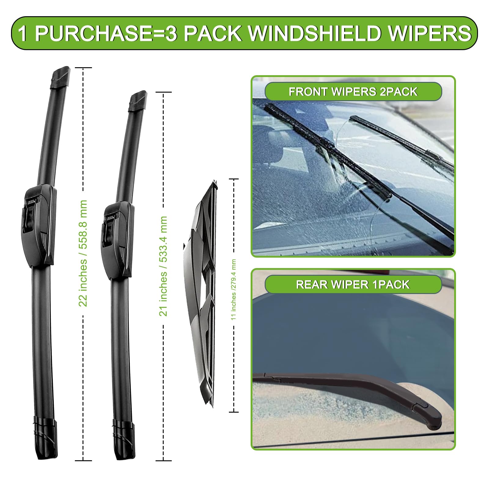 PARRATI® Windshield Wipers for Jeep Wrangler 2007-2017/Wrangler JK 2008-2018,15"+15" Front and 13" Rear,OEM Replacement Wiper Blades,Quiet & Streak-Free(Set of 3)