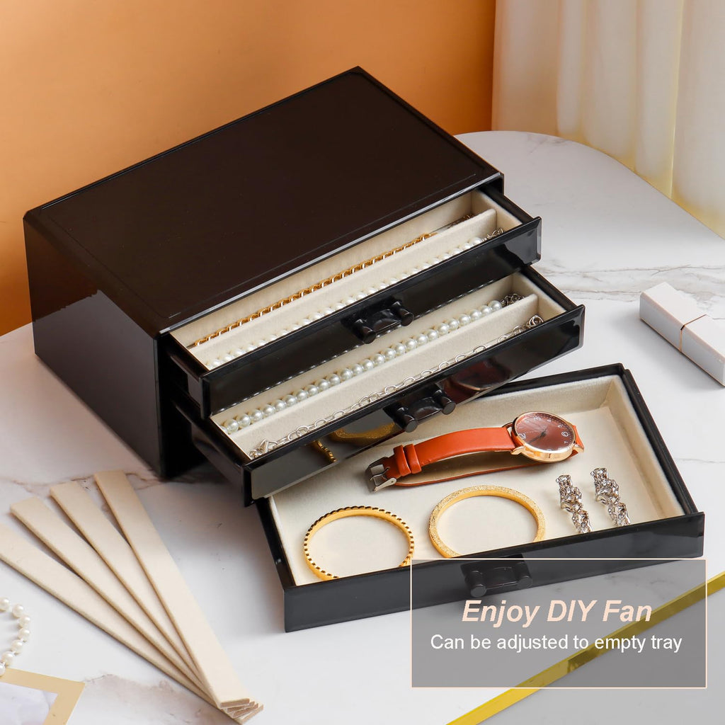 YUFONG Necklace Holder Organizer, Dustproof Necklace Box Velvet Necklace Organizer Box with Lid Clear Acrylic Dustproof Stackable Jewelry Displays for Necklaces Chain Display (Beige, 3 Drawer)