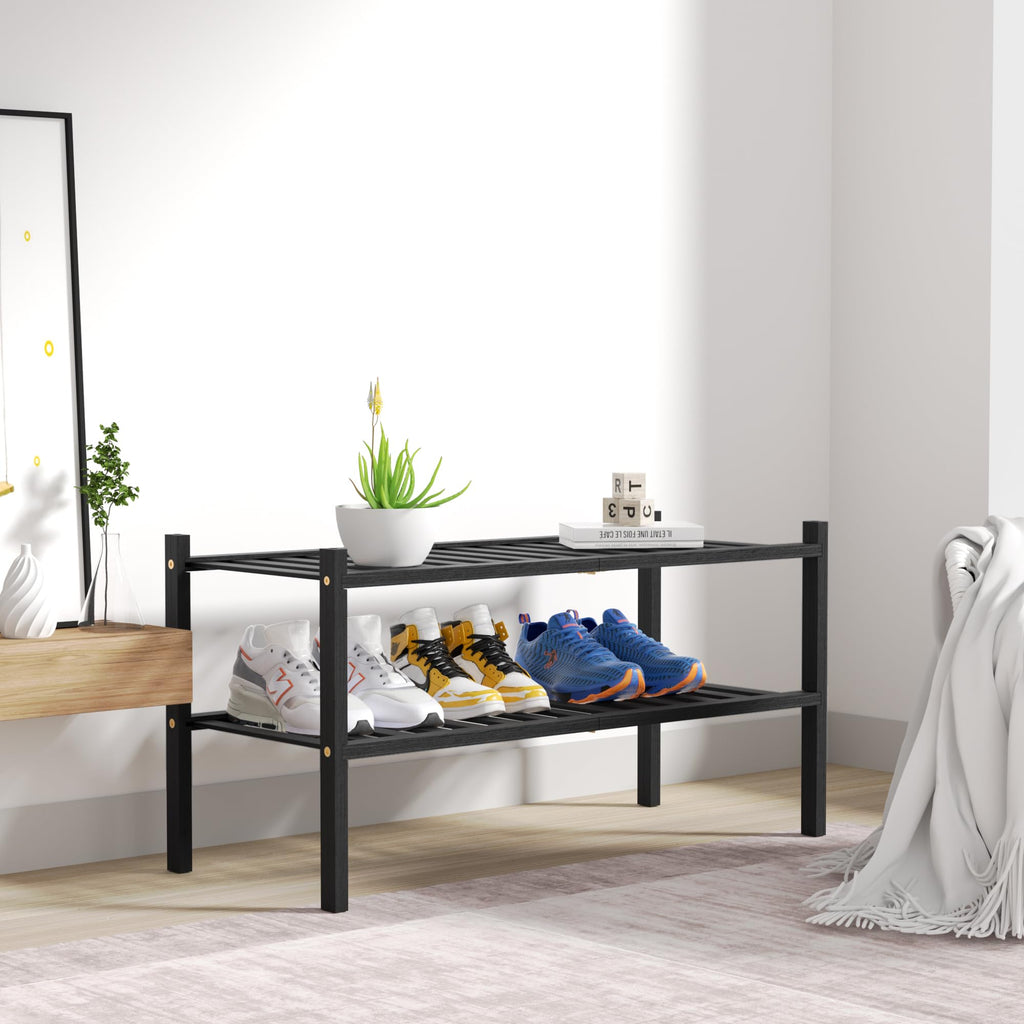 ROMGUAR CRAFT 2-Tier Bamboo Long Shoe Rack, Free Standing Wood Shoe Shelf Storage Organizer for Closet Entryway Stackable 35"x11"x13" (Black)
