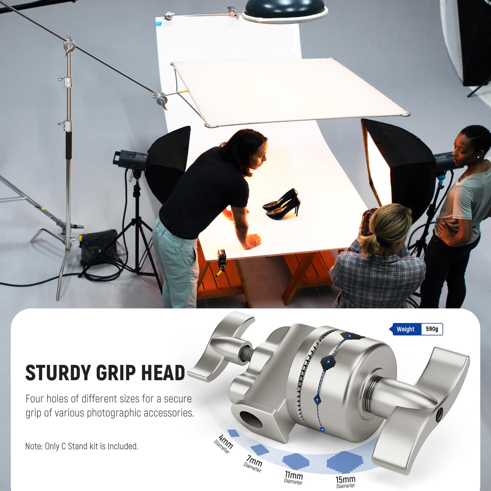 NEEWER Pro 100% Stainless Steel Heavy Duty C Stand with Boom Arm, Max Height 68"/172cm Photography Light Stand with 2.7ft/83cm Holding Arm, 2 Grip Head for Studio Monolight, Softbox, Reflector, SC172