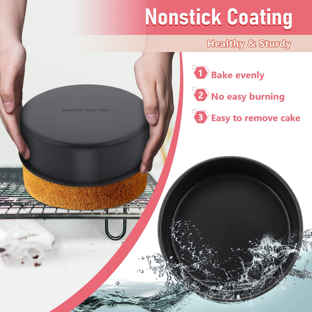 E-far 4 Inch Cake Pan Set of 3, Nonstick Stainless Steel Mini Round Cake Pans Tin, Small Size for Baking Smash Cakes/Cheesecake, Stainless Steel Core & Non-toxic Coating, Straight Side & 2 Inch Deep