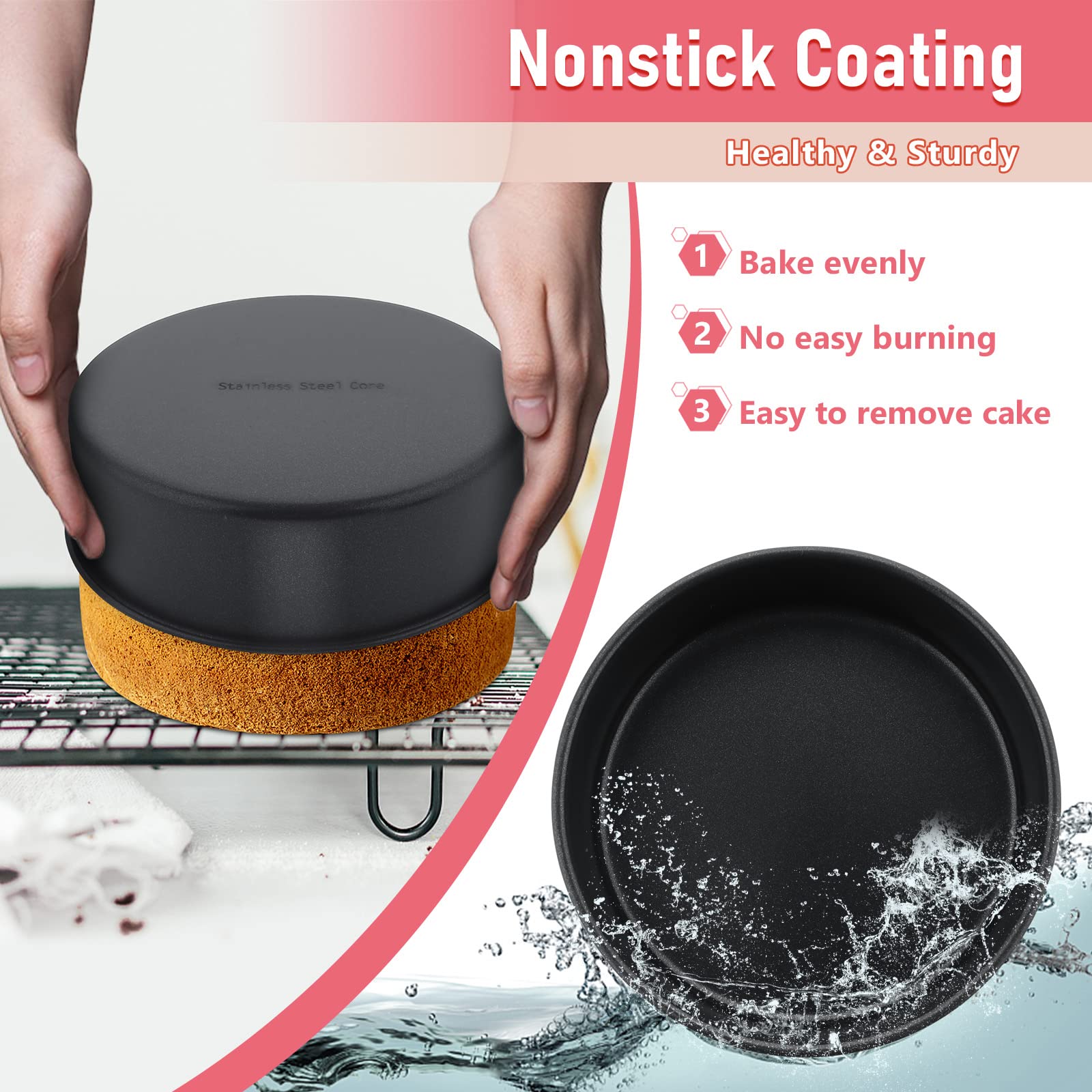 E-far 4 Inch Cake Pan Set of 3, Nonstick Stainless Steel Mini Round Cake Pans Tin, Small Size for Baking Smash Cakes/Cheesecake, Stainless Steel Core & Non-toxic Coating, Straight Side & 2 Inch Deep
