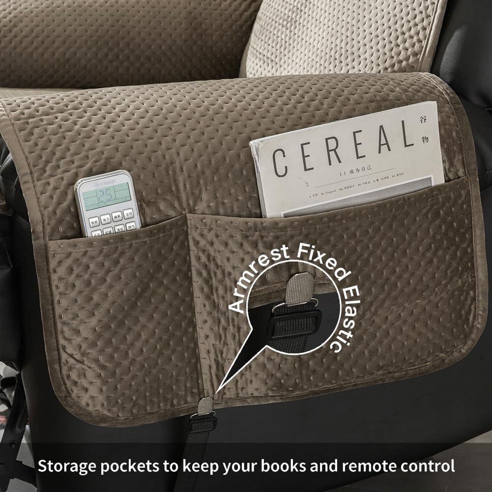 STONECREST Recliner Chair Cover, Water Resistant Velvet Quilted Slipcover, Stay in Place (Black/Grey, Recliner 23" Regular)