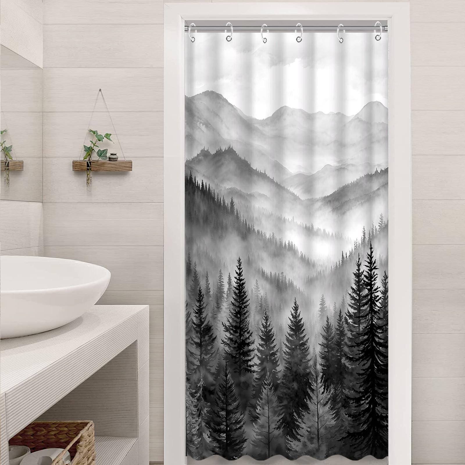 Stall Small Black and White Misty Forest Shower Curtain Ombre Gray Grey Mountain Pine Tree Waterproof Fabric Shower Curtains for Bathroom Nature Woodland Decorative Bath Curtain Decor 36×72 Inches