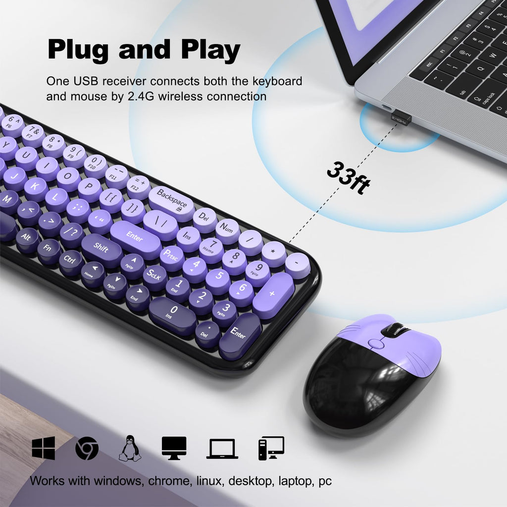 MOFII Wireless Keyboard and Mouse Combo, Compact Typewriter Retro Round Computer Keyboard and Mouse Set, Plug and Play, for Windows, Computer, Desktop, PC, Notebook - Black Green Gradient