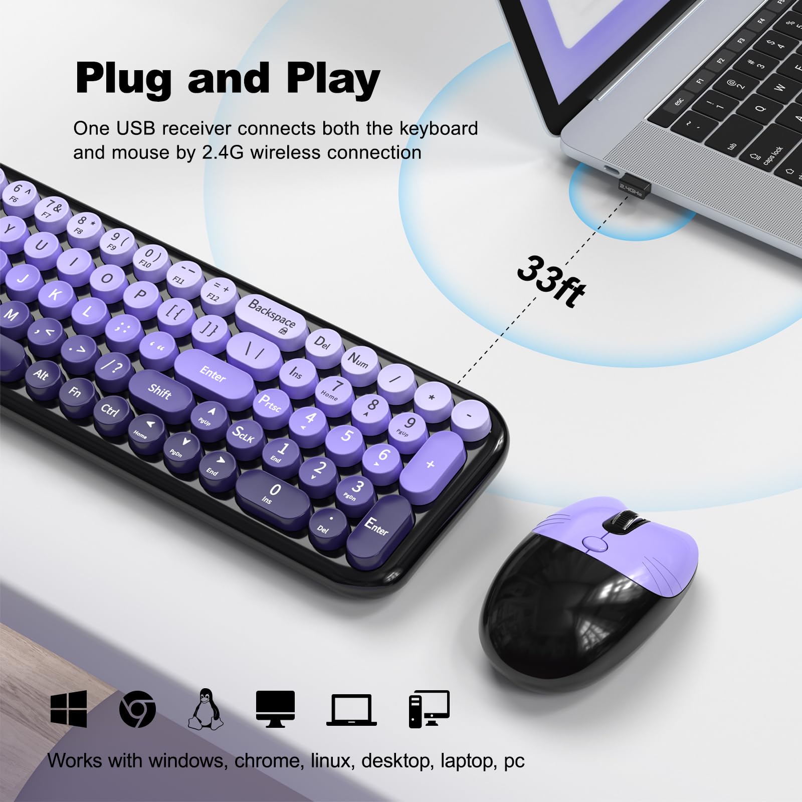 MOFII Wireless Keyboard and Mouse Combo, Compact Typewriter Retro Round Computer Keyboard and Mouse Set, Plug and Play, for Windows, Computer, Desktop, PC, Notebook - Black Green Gradient