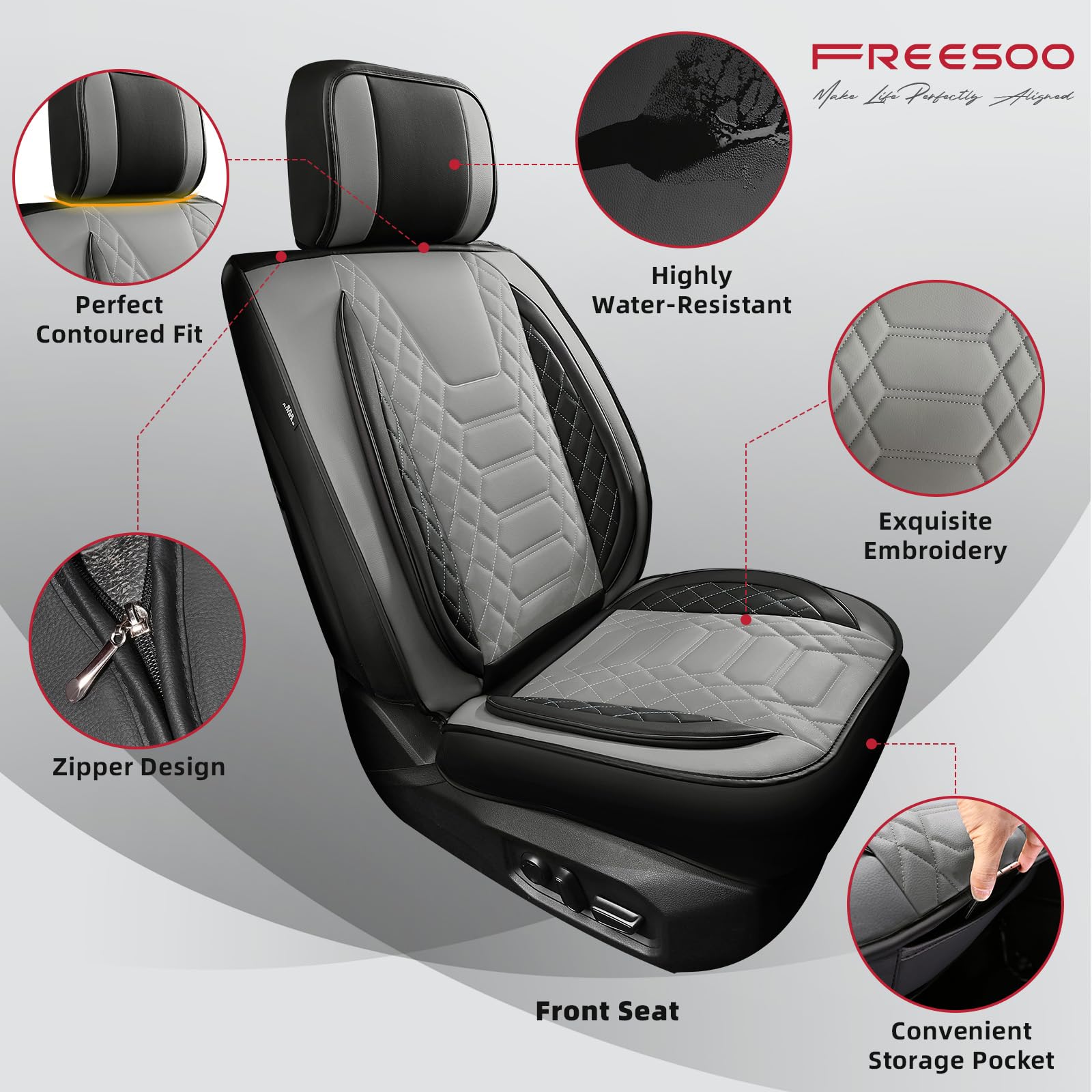 FREESOO Tundra Seat Covers 2007-2013, Fit for Toyota Tundra Crewmax Cab 5 Seats, Custom Truck Seat Covers with Waterproof Faux Leather Black