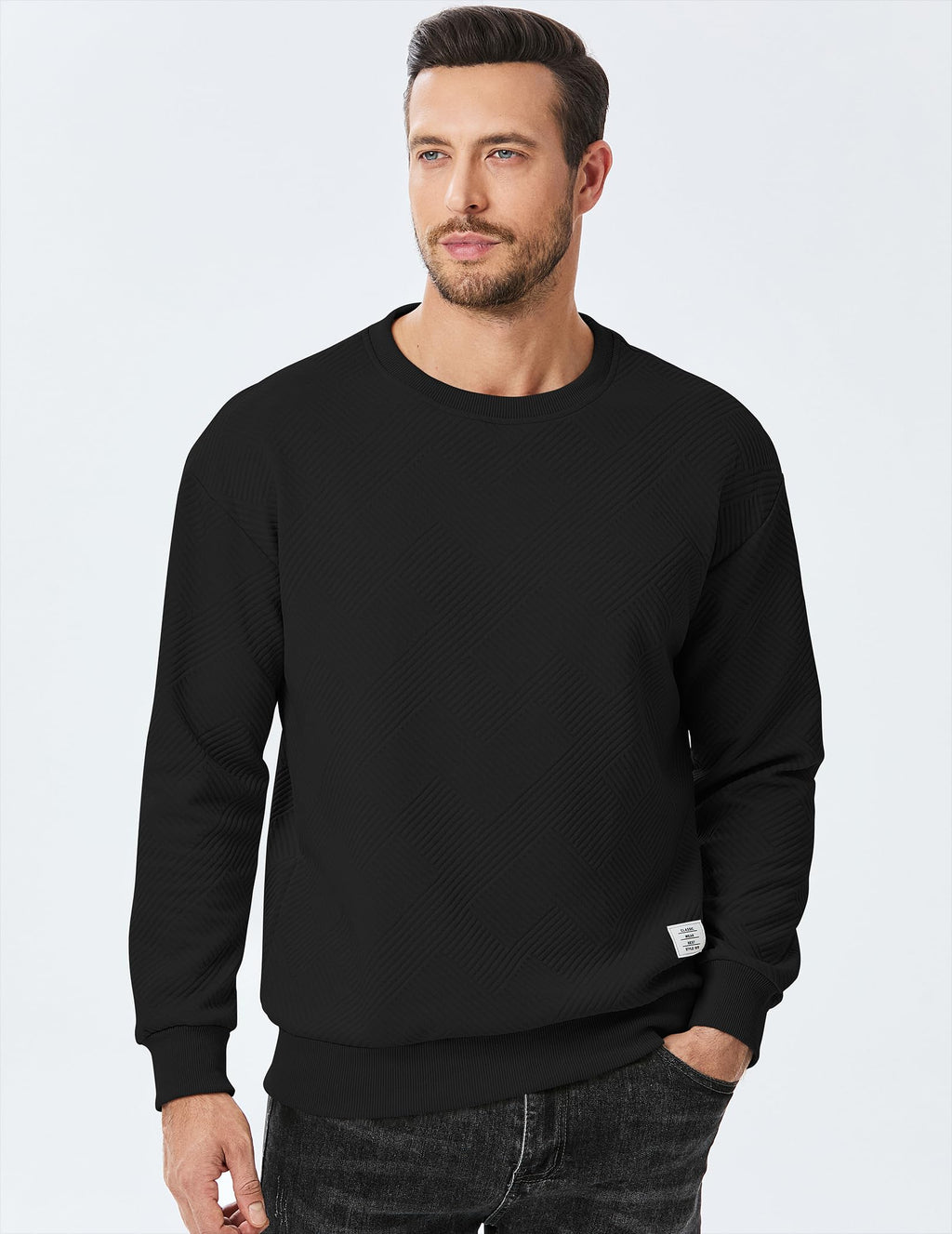 Dokotoo Men Men's Crewneck Sweatshirts Soild Color Geometric Texture Long Sleeve Casual Pullover Shirt