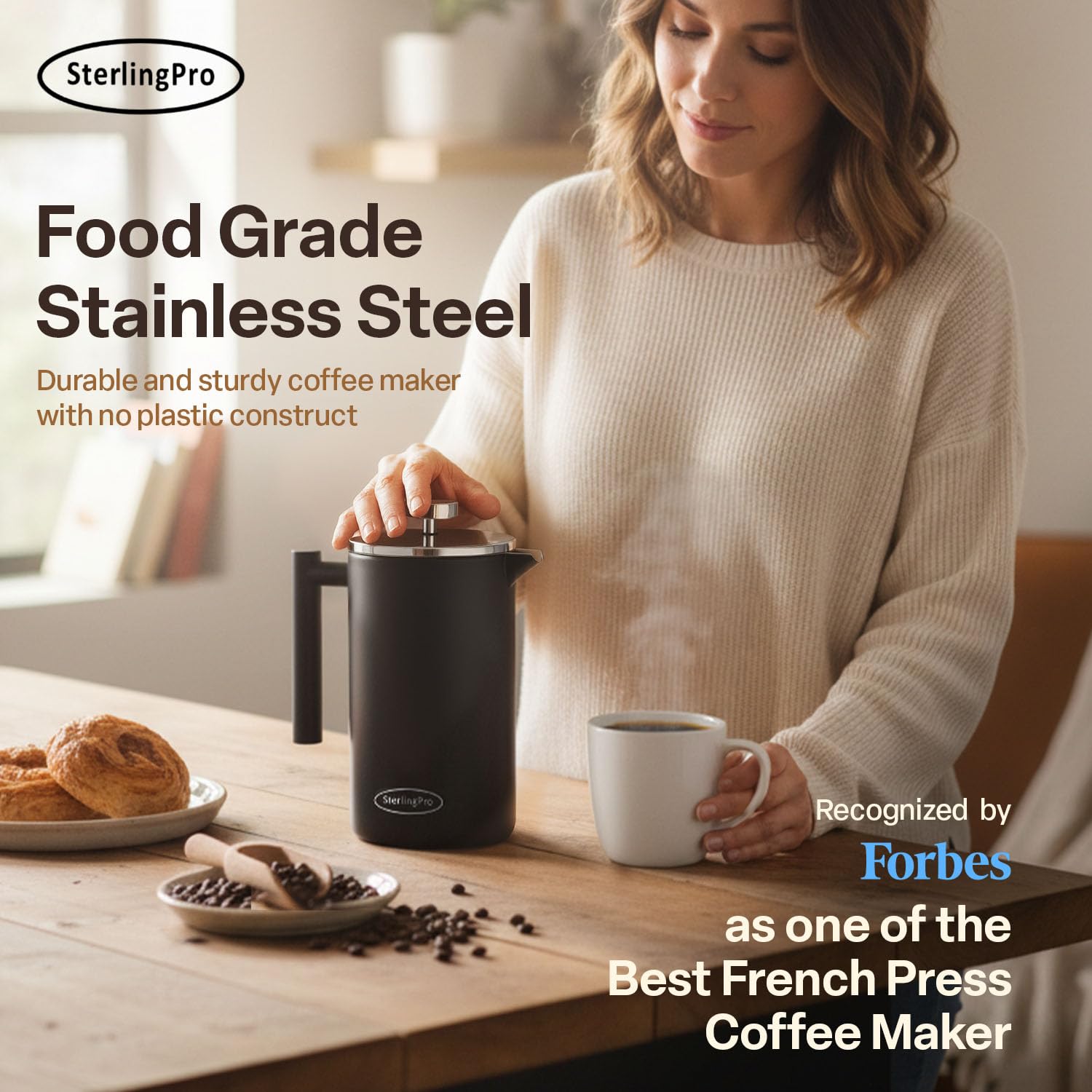 SterlingPro Stainless Steel French Press Coffee Maker 1 L (34 oz) Black – Double Walled Insulated Large Coffee Press, Durable Design Keeps Drinks Hot, Easy to Use and Clean for Rich Flavor Brewing