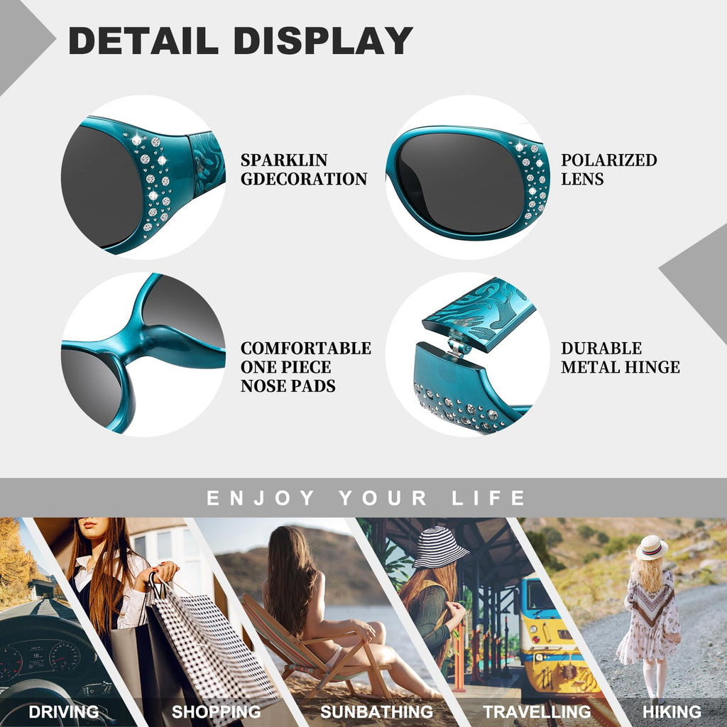 HAOLOTA Polarized Sunglasses for Women, Rhinestone Wrap Around Sunglasses with UV400 Protection