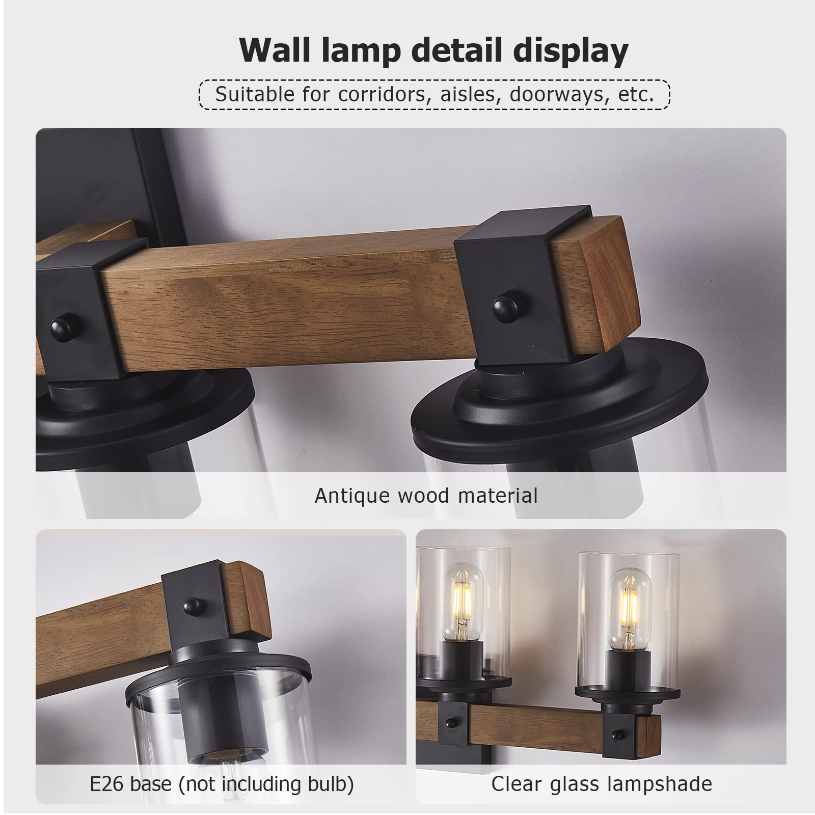 DUJAHMLAND Farmhouse Vanity Light Fixture,3-Light Bathroom Wood Wall Light Over Mirror with Clear Glass Shade, Rustic Vintage Wall Sconce Lighting.(Antique Wood, 3-Light)