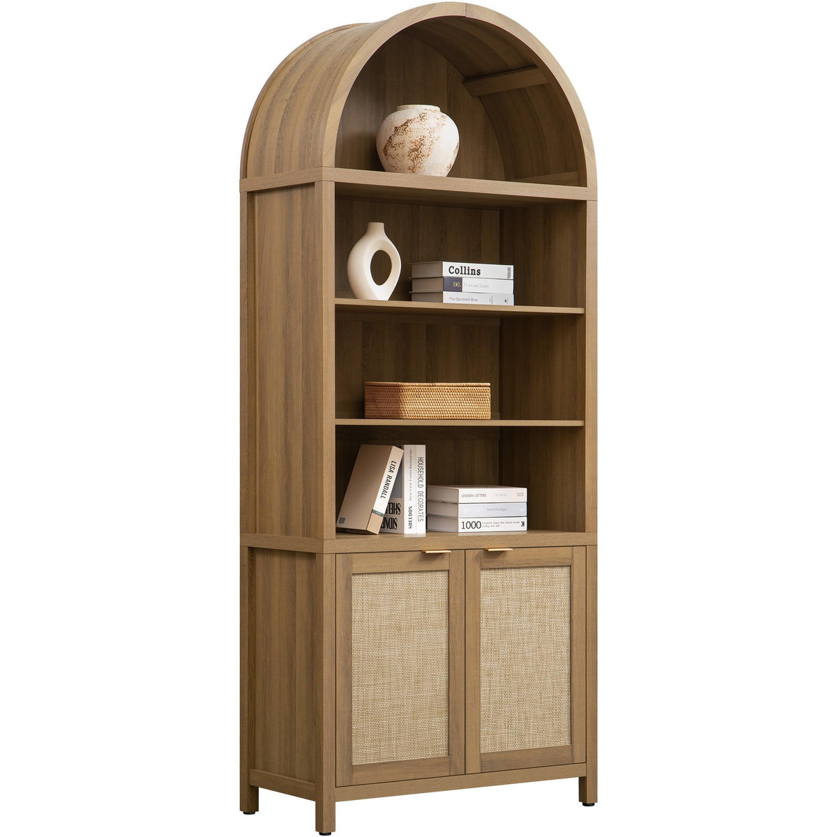 SICOTAS Book Shelf Arched Cabinet Bookshelf Arch 84.2" Tall Bookcase 5 Tier Large Bookshelves with Doors Storage Rattan Boho Wide Book Shelves Case for Living Room Kitchen Office Bedroom Library