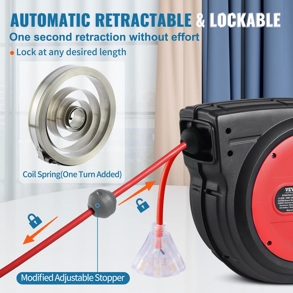 VEVOR Retractable Extension Cord Reel, 30 FT, Heavy Duty 16AWG/3C SJTOW Retractable Power Cord Reel with Lighted Triple Tap Outlet 10 Amp Circuit Breaker 4.5FT Lead-in Cord, for Ceiling or Wall Mount
