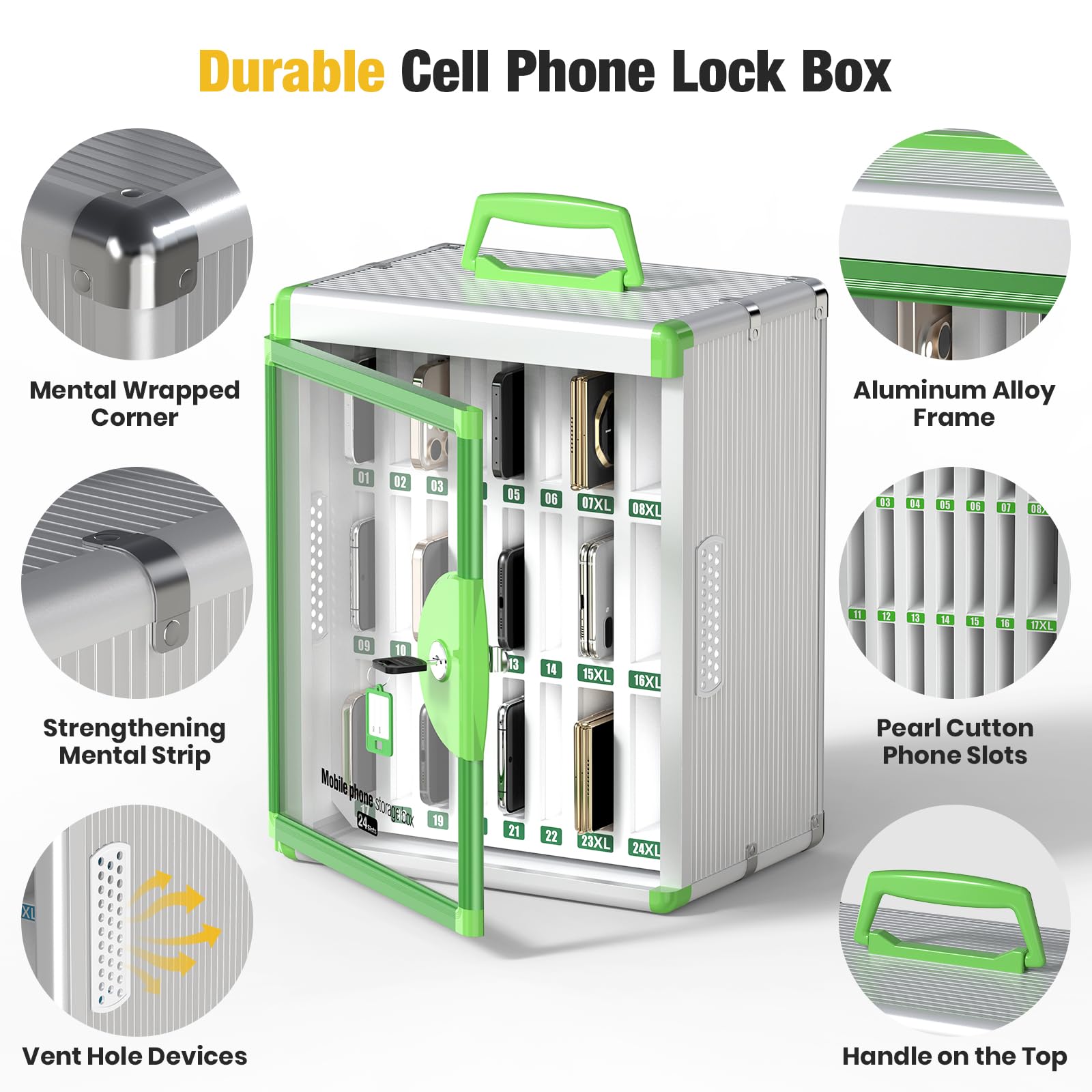 Glosen Cell Phone Locker 24 Slots, Portable Phone Storage Cabinet [Wall Mounted] [Silver 24 Slots-Universal Key ] Aluminum Alloy Cellphone Lock Box with Key & Handle for School Classroom Office Exam