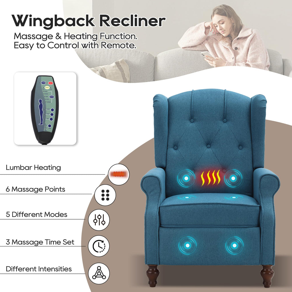 Wingback Chair with Massage and Heat, Tufted Fabric Pushback Recliner Chair, Wingback Recliner Chair with Remote Control, Padded Cushion, Wooden Legs, Small Recliners for Small Spaces