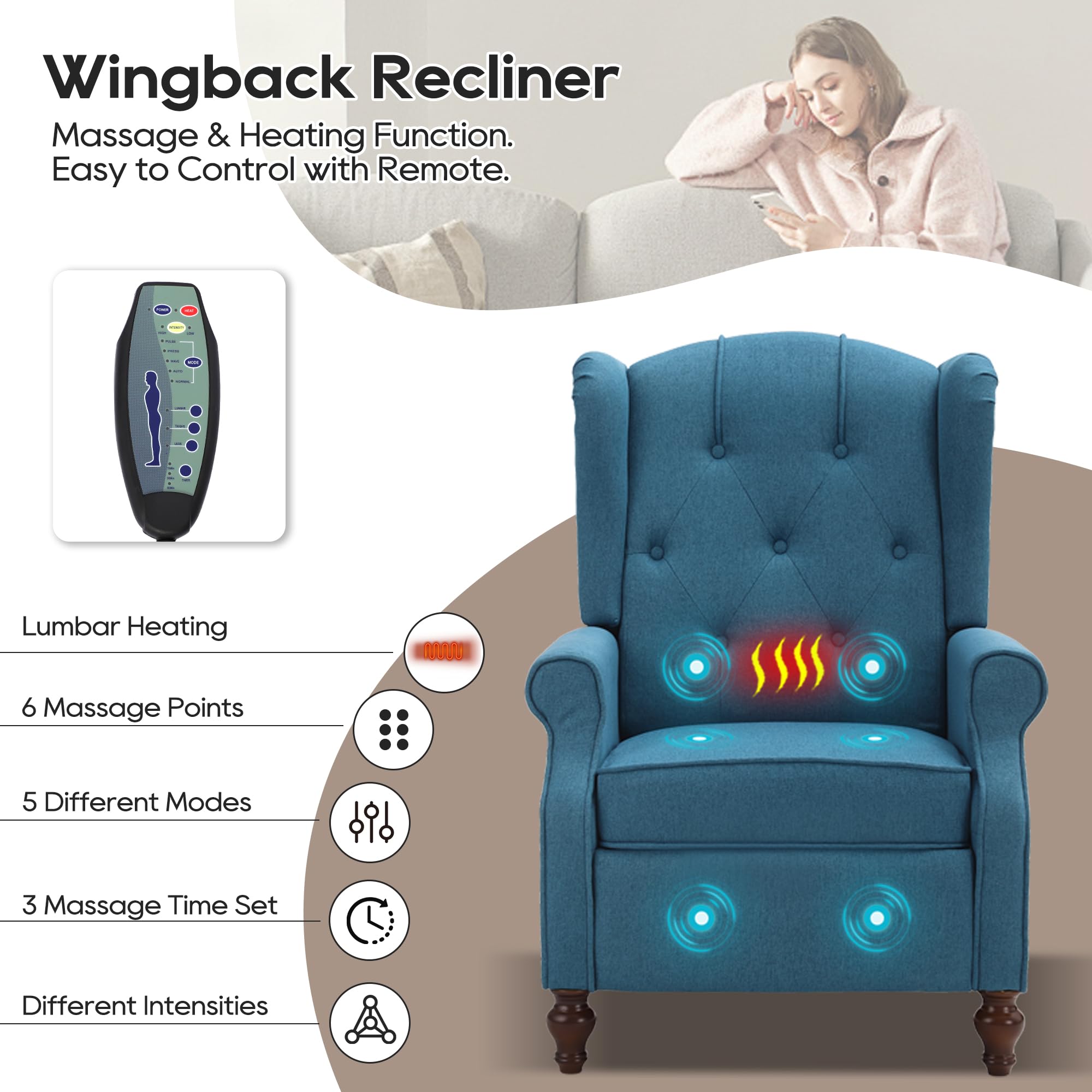 Wingback Chair with Massage and Heat, Tufted Fabric Pushback Recliner Chair, Wingback Recliner Chair with Remote Control, Padded Cushion, Wooden Legs, Small Recliners for Small Spaces
