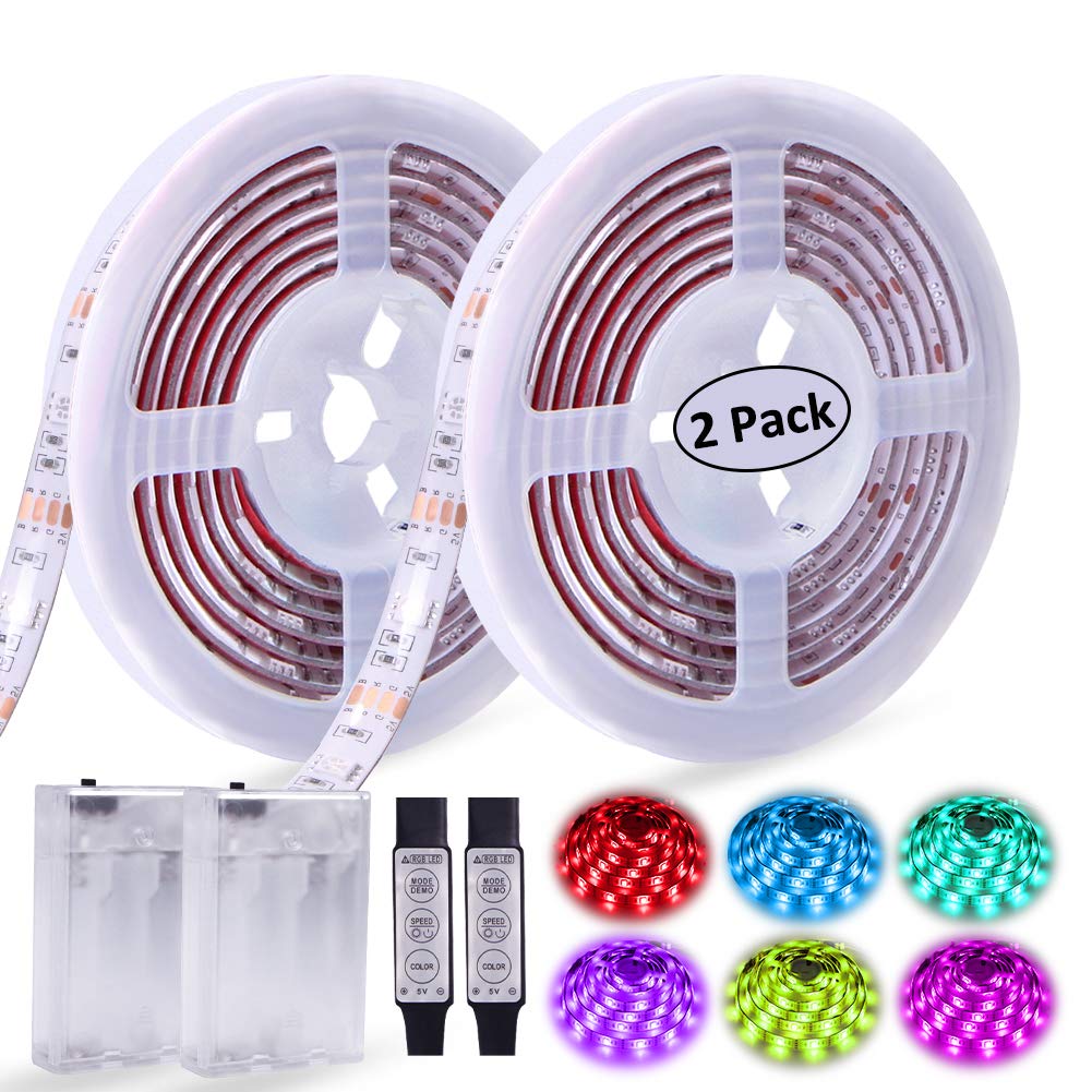 Battery Operated LED Strip Lights RGB Battery Powered Led Strip Lights 3 Keys Controller 13.2FT/4M Color Changing Flexible Light for PC TV Mirror Kitchen Cabinet Shelves, Room Decor 2Pcs