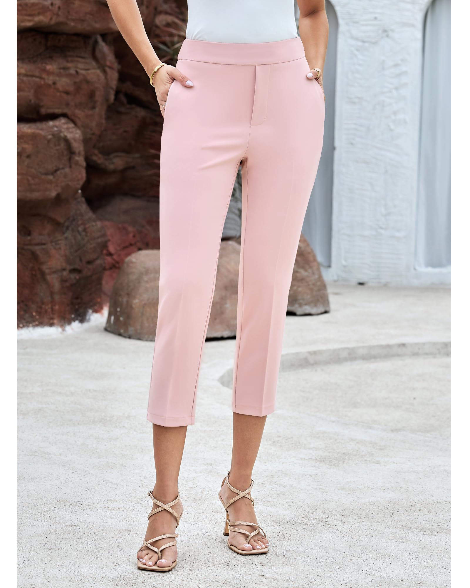 GRAPENT Capri Pants for Women High Waisted Pull On Dress Pants Slim Straight Leg Stretchy Waist Capris Trousers Pants
