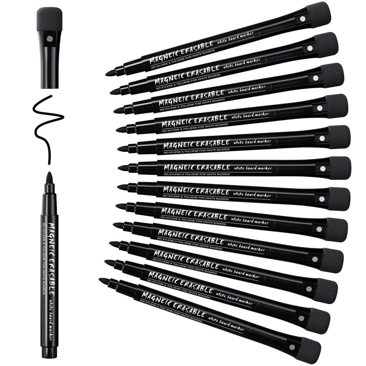 Magnetic Dry Erase Markers Fine: 12 Colors Erasable Whiteboard Markers Fine Point with Eraser Cap, Low Odor White Board Dry Erase Pens Fine Tip for Kids & Teachers, Home, Office and School Supplies