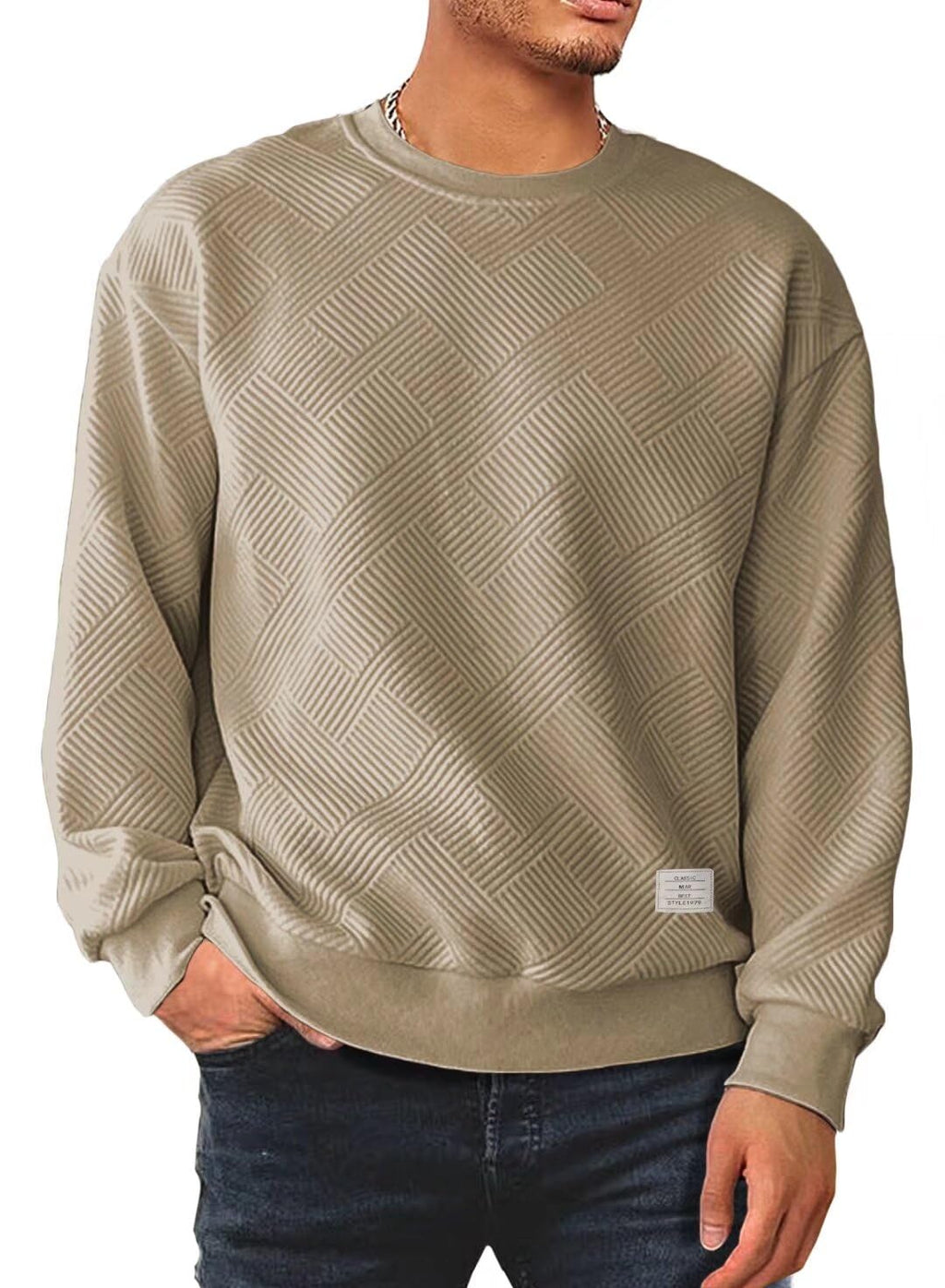 Dokotoo Men Men's Crewneck Sweatshirts Soild Color Geometric Texture Long Sleeve Casual Pullover Shirt