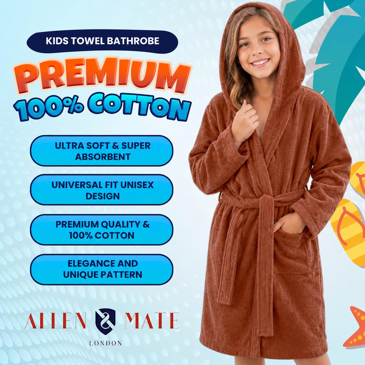 ALLEN & MATE 100% COTTON Hooded Kids Bathrobe – Soft, Medium Weight Absorbent Bath Towel Robe for Boys & Girls, 6-15 Years