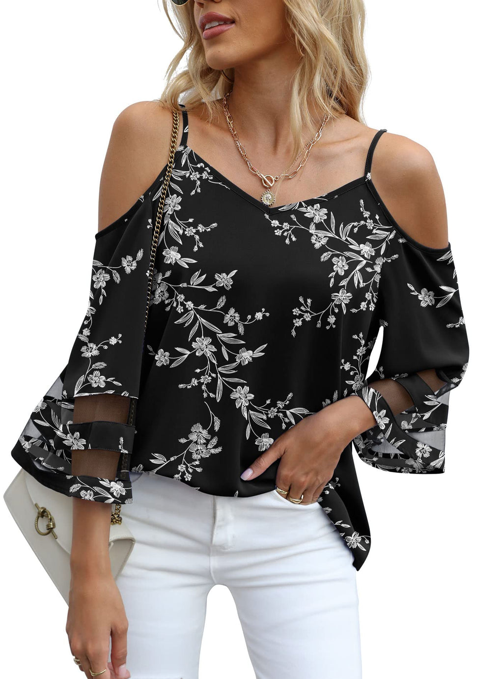 Jouica Womens Summer Cold Shoulder Tops Mesh Panel 3/4 Bell Sleeve Tees Adjustable Spaghetti Strap Loose Fit Shirts