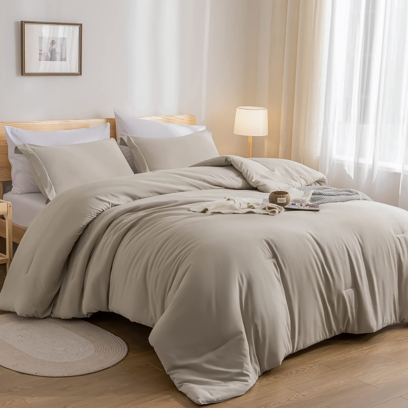 weigelia Twin Comforter Set 5 Pieces Beige Bed in A Bag Soft Queen Bedding Set Lightweight Comforter Set for Women and Men（Comforters, Flat & Fitted Sheets, Pillowcases & Shams）