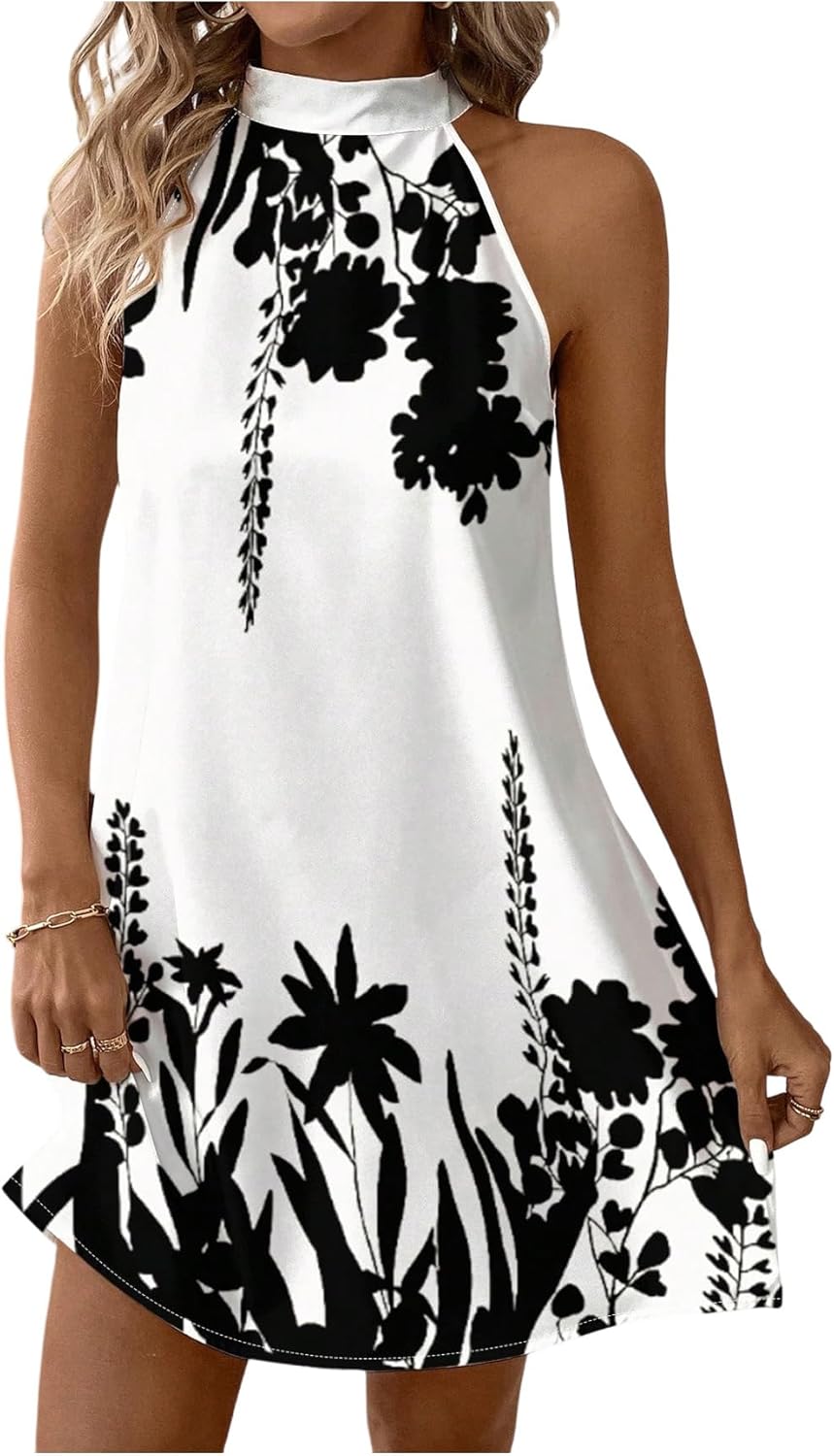 Floerns Women's Sleeveless Floral Print Sundress Halter Neck A Line Short Dress