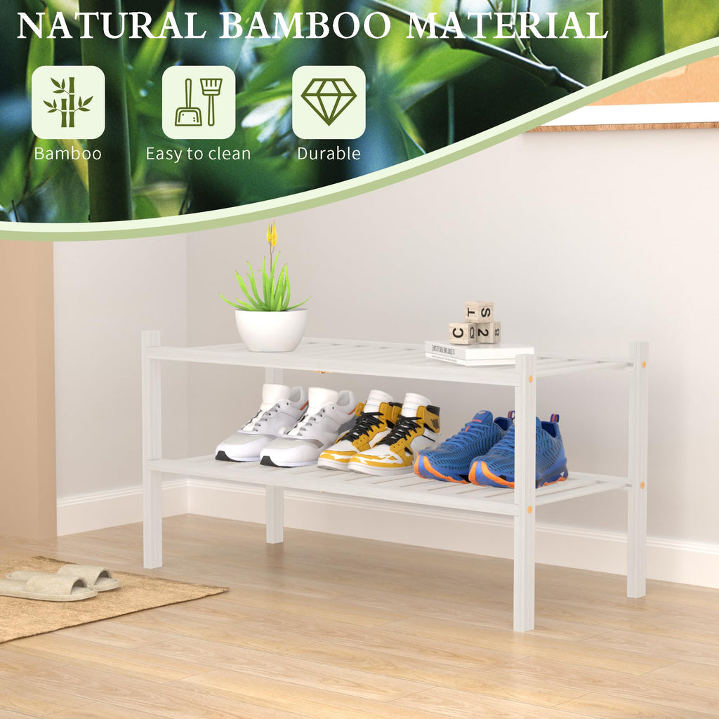 ROMGUAR CRAFT 2-Tier Bamboo Long Shoe Rack, Free Standing Wood Shoe Shelf Storage Organizer for Closet Entryway Stackable 35"x11"x13" (Black)
