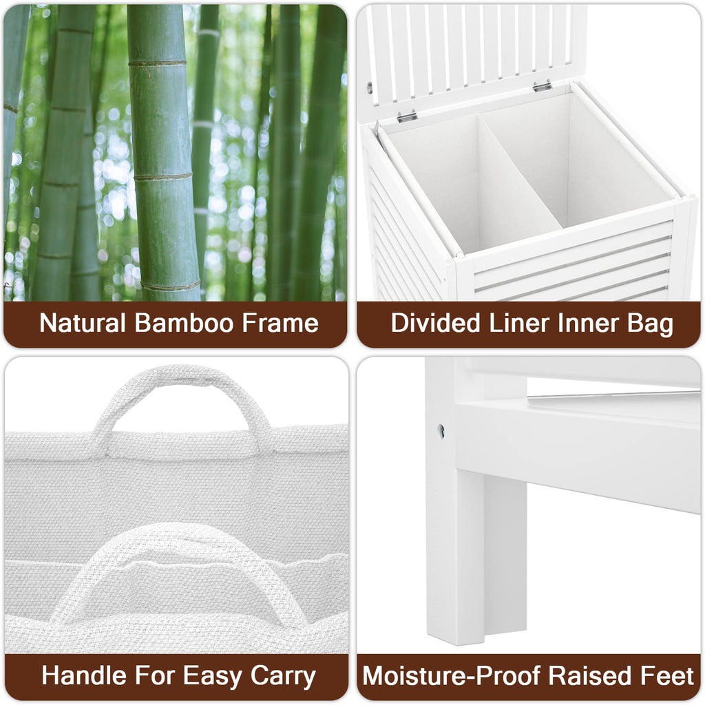 Homykic Bamboo Laundry Hamper with Lid, 120L Large Clothes Laundry Sorter with Removable 2-Section Liner Bag, Raised Laundry Basket Organizer for Clothing, Bathroom, Bedroom, Laundry Room, Black
