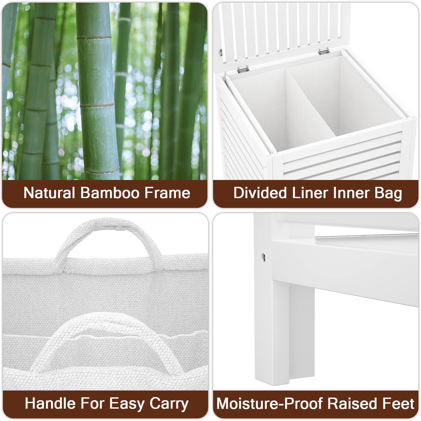 Homykic Bamboo Laundry Hamper with Lid, 120L Large Clothes Laundry Sorter with Removable 2-Section Liner Bag, Raised Laundry Basket Organizer for Clothing, Bathroom, Bedroom, Laundry Room, Black